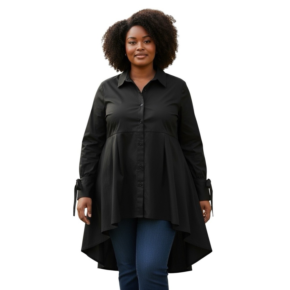 Soft Surroundings Black Button Front Tunic Blouse PXL HiLow Cuff Tie Sleeve NWOT
